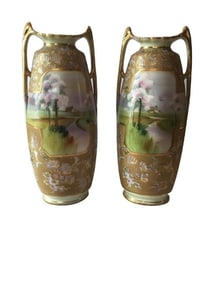 Rare Nippon Green M in wreath Pair of Vases