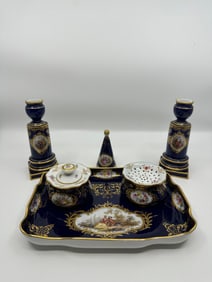 Antique Meissen Cobalt Watteau Ink Stand
