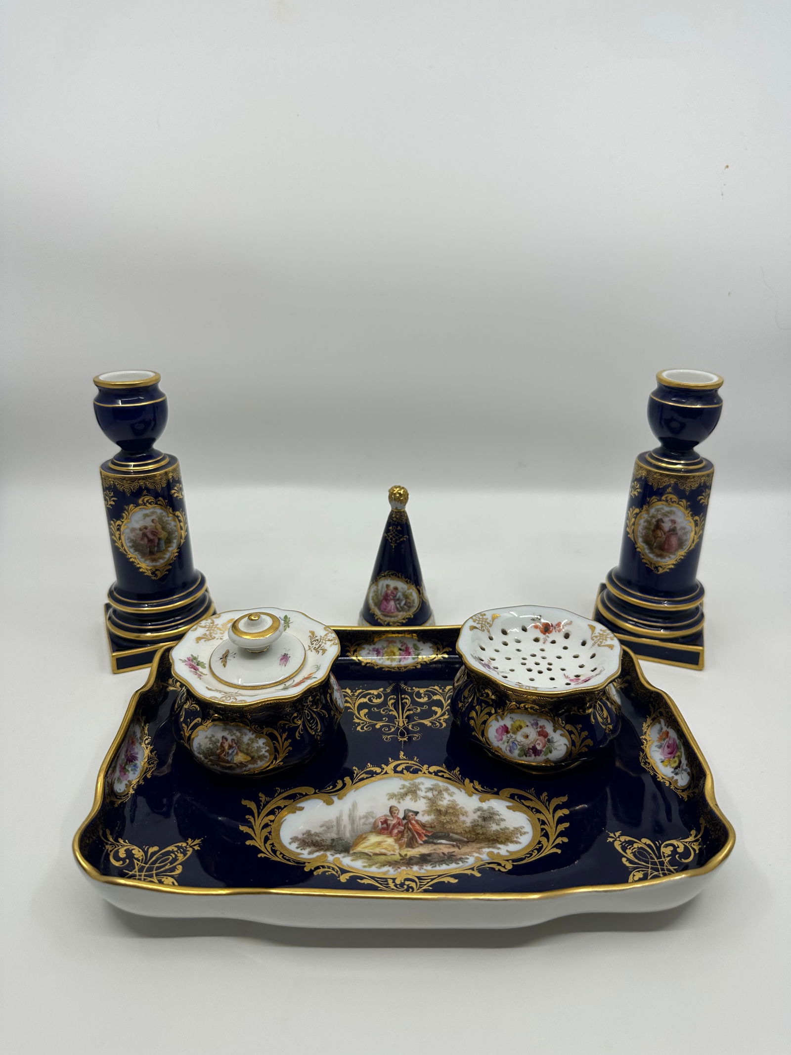 Antique Meissen Cobalt Watteau Ink Stand (1 of 6)