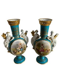 Large Antique Old Paris Pair of Porcelain Vases Sevres Style: Pair of Old Paris Sevres Style Porcelain Vasescirca 1858-78, each vase decorated with bisque classical maidens at the side, hand-decorated with courting scenes and reverse with idyllic landscapes, blu