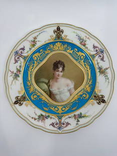 SEVRES PORCELAIN 'JEWELED' TURQUOISE-GROUND PORTRAIT PLATE: SEVRES PORCELAIN 'JEWELED' TURQUOISE-GROUND PORTRAIT PLATELATE 19TH CENTURY, INTERLACED L'S MARKS, INCISED CN3, DECORATOR'S GILT MARK FOR LE ROSEY, XI RUE DE LA PAIX Painted with a court beauty, ident