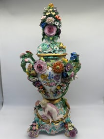 A large Meissen porcelain flower- and fruit-encrusted potpourri presentation vase and cover