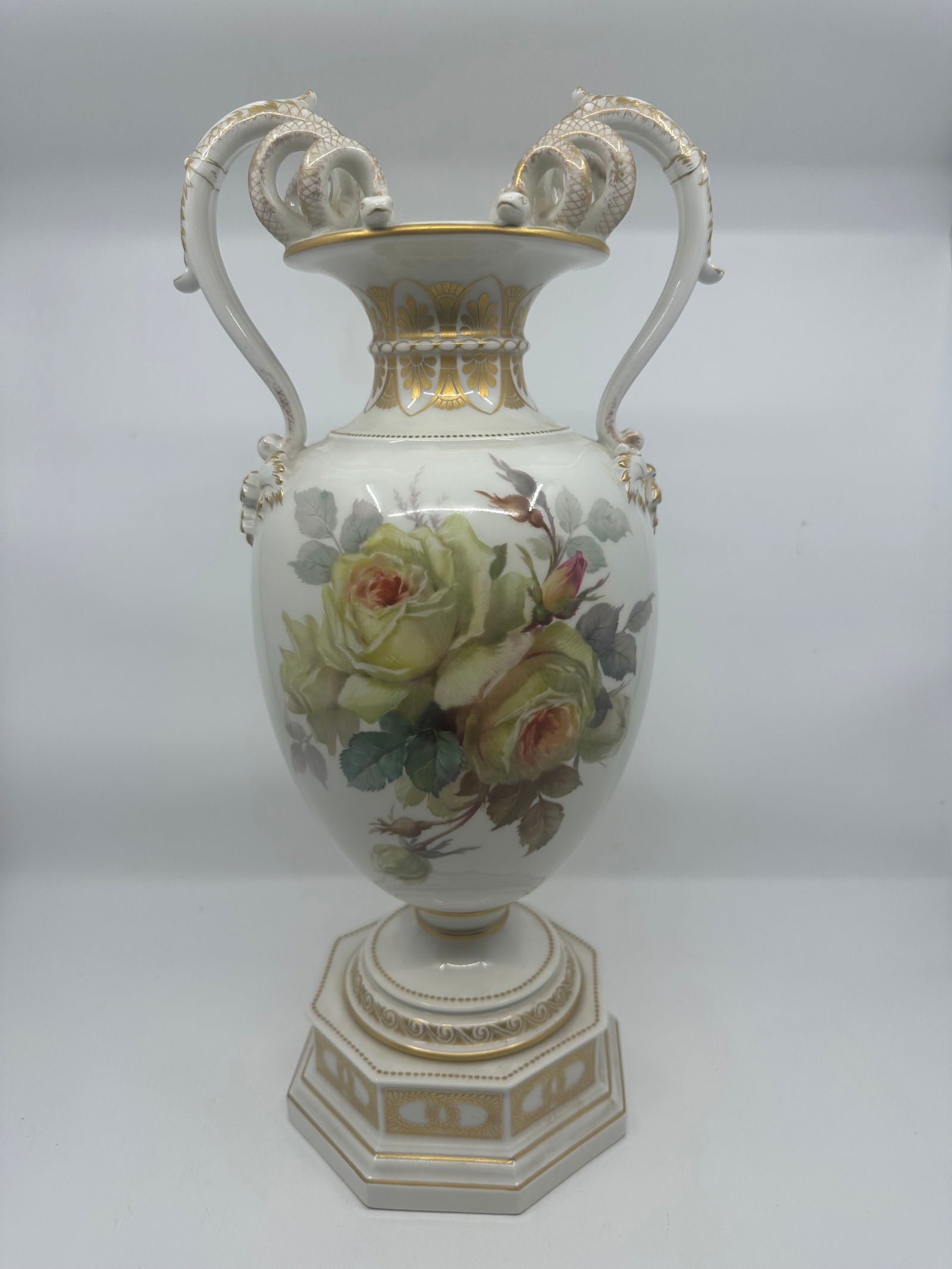Antique KPM weichmalerie vase roses: KPM weichmalerie vase with snakes and roses 15.5 inches tall The Royal Porcelain Factory in Berlin (German: Konigliche Porzellan-Manufaktur, abbreviated as KPM), also known as the Royal Porcelain Manu