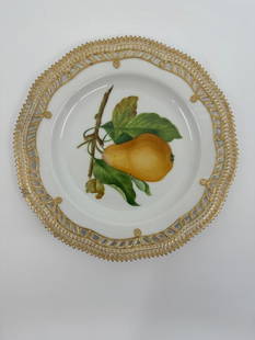 Antique Royal Copenhagen Porcelain Fruit Plate: 20th CENTURY, BLUE WAVE AND GREEN PRINTED MARKS, SHAPE NO. 3584, PATTERN NO. 429, Each finely painted with a fruit, identified in Latin on the reverse, within a pierced, 'Flora Danica' style gilt bead