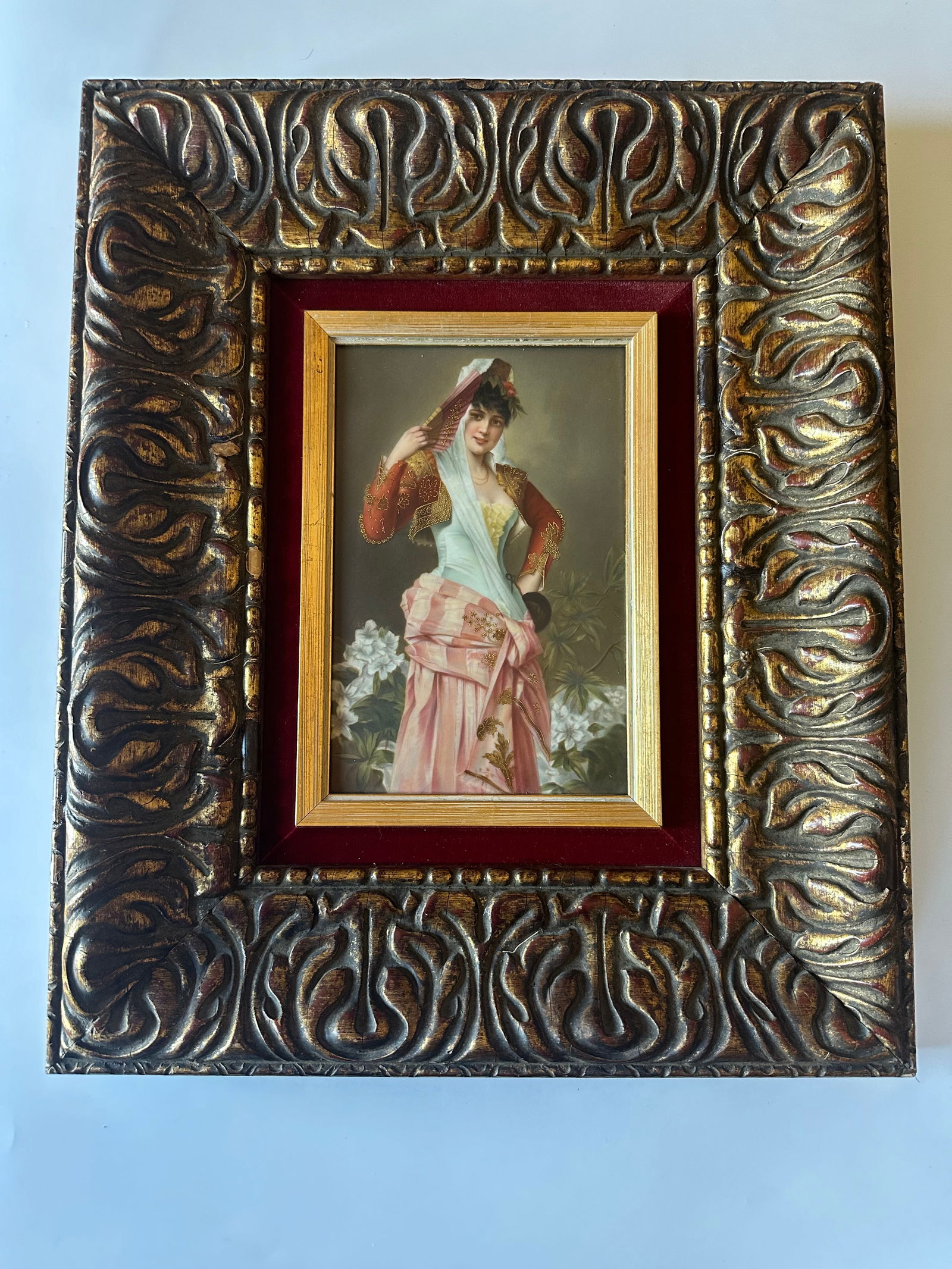 ANTIQUE KPM PORCELAIN PORTRAIT PLAQUE: A BERLIN (K.P.M) PORCELAIN PLAQUEIMPRESSED MONOGRAM AND SCEPTRE MARK Finely painted portrait of beauty with fan LATE 19TH/20TH CENTURY Plaque: Height: 9" inches Width: 6" inches Frame: Height: 17" inc