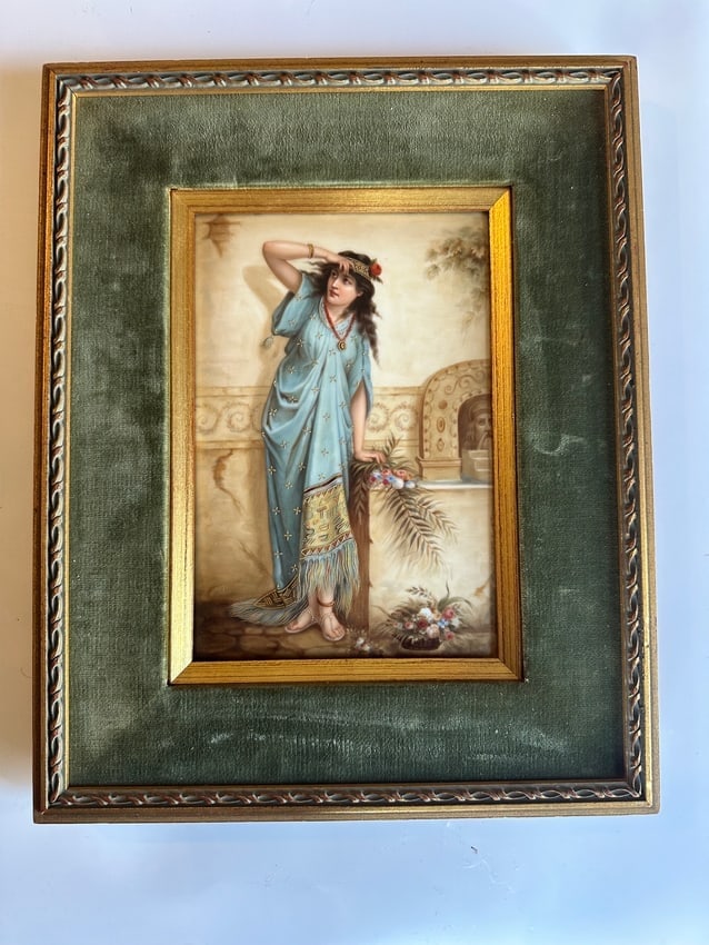ANTIQUE KPM PORCELAIN PORTRAIT PLAQUE: A BERLIN (K.P.M) PORCELAIN PLAQUEIMPRESSED MONOGRAM AND SCEPTRE MARK Finely painted portrait of Expectation after Coomans LATE 19TH/20TH CENTURY Plaque: Height: 9" inches Width: 6" inches Frame: Heigh