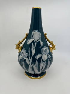 A Royal Worcester Partial Gilt Pate Sur Pate Vase: A Royal Worcester Partial Gilt Pate-sur-Pate Porcelain Two-Handled Bottle Vase, Stoke-on-Trent, Staffordshire, England, 1892 Marks: ROYAL CHINA WORKS (partially effaced), (shield-G&Co.-ESTABLISHED 180
