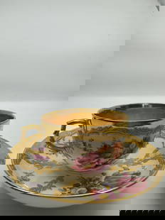 ANTIQUE KPM BERLIN GILT & HAND PAINTED FLORAL DEMITASSE CUP: SIGNED 19TH CENTURY KPM BERLIN GILT & HAND PAINTED FLORAL DEMITASSE CUP & SAUCERThe demitasse cup measures approximately 2 1/8" high by 4" in diameter. The saucer measures approximately 1 1/4" high by