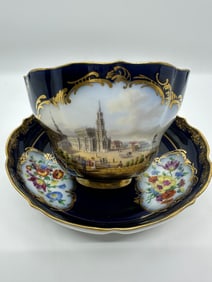 Amazing Circa 1860 HUGE Meissen Topographical Cobalt Blue Cup Saucer HP Dresden