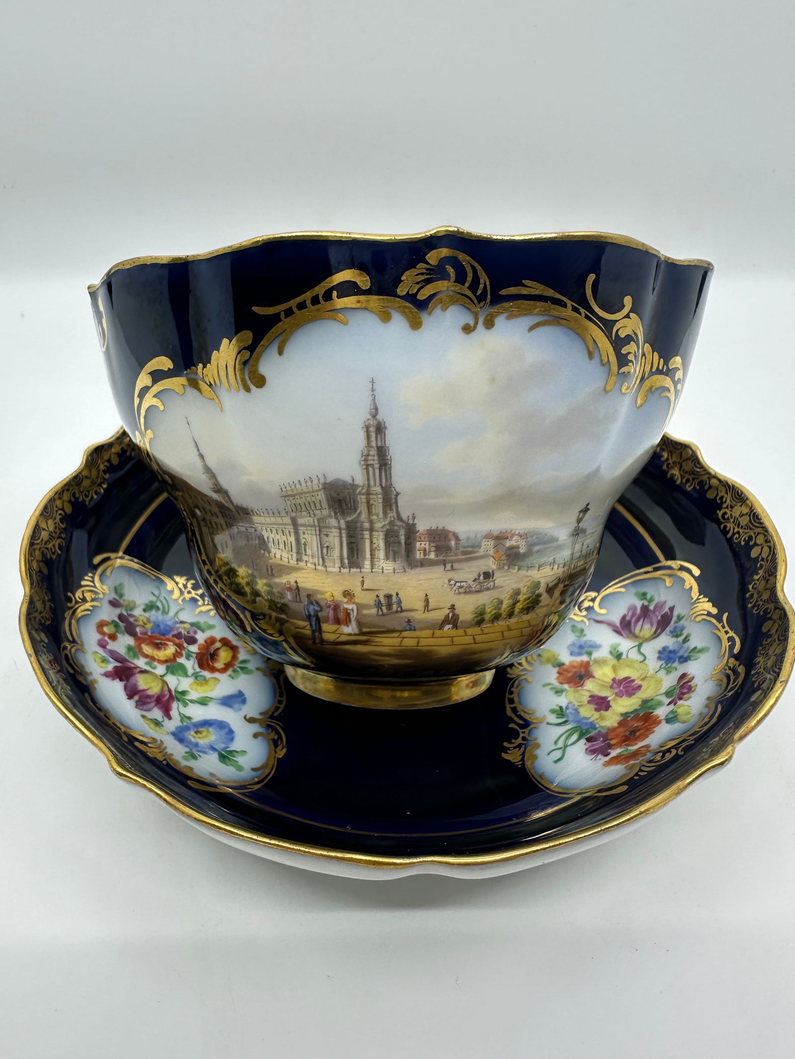 Amazing Circa 1860 HUGE Meissen Topographical Cobalt Blue Cup Saucer HP Dresden (1 of 10)