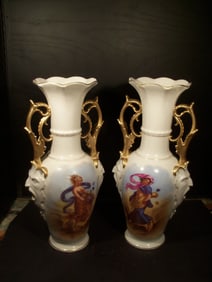 Antique Old Paris Pair of Porcelain Hand Painted Vases of Seasons