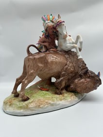 ANTIQUE Meissen Porcelain Figural Group with Bison and Native American