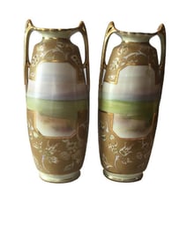Rare Nippon Green M in wreath Pair of Vases