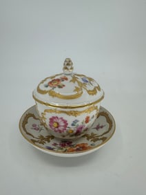 KPM GILT DECORATED PORCELAIN COVERED SUGAR BOWL AND SAUCER