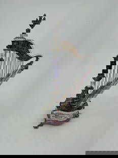 Bohm Viennese Silver & Enamel Harp-Form Clock: Viennese late 19th Century harp-form silver-gilt metal and enamel diminutive clock by Hermann Bohm with a scantily clad