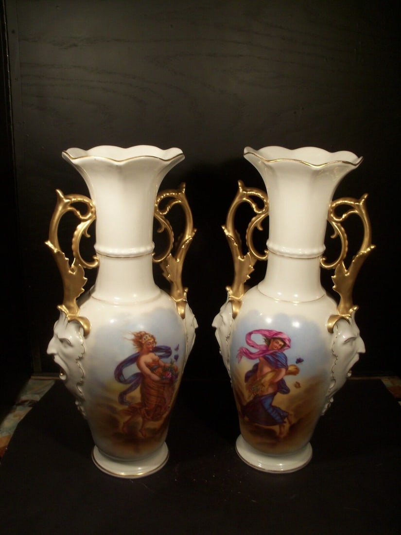 Antique Old Paris Pair of Porcelain Hand Painted Vases of Seasons (1 of 2)
