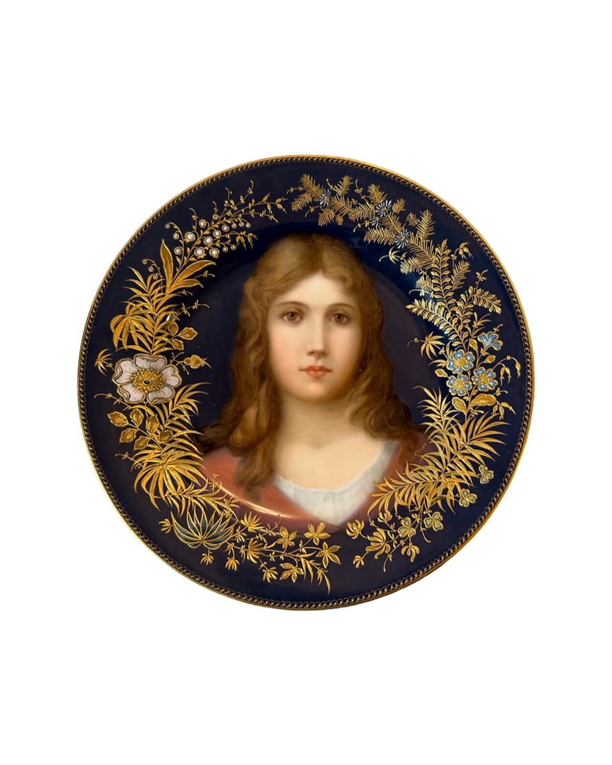 Stunning Antique Royal Vienna Porcelain Hand Painted Plate Singed Gorner: ANTIQUE ROYAL VIENNA HAND PAINTED PLATE Late 19TH CENTURY, UNDERGLAZE BLUE BEEHIVE MARK, Titled "La Pensierosa",Skillfully Hand Painted portrait, within raised gilded border Signed Gorner Diameter: 9