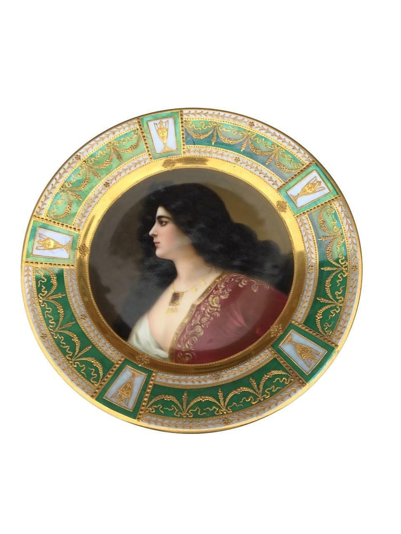 Antique Royal Vienna Porcelain Hand Painted Plate Signed: ANTIQUE ROYAL VIENNA HAND PAINTED PORTRAIT PLATE Late 19th Century, underglaze Dresden mark and impressed Hutschenreuther maker's markTitled EstherFinely painted portrait, signed illegibly on a raised