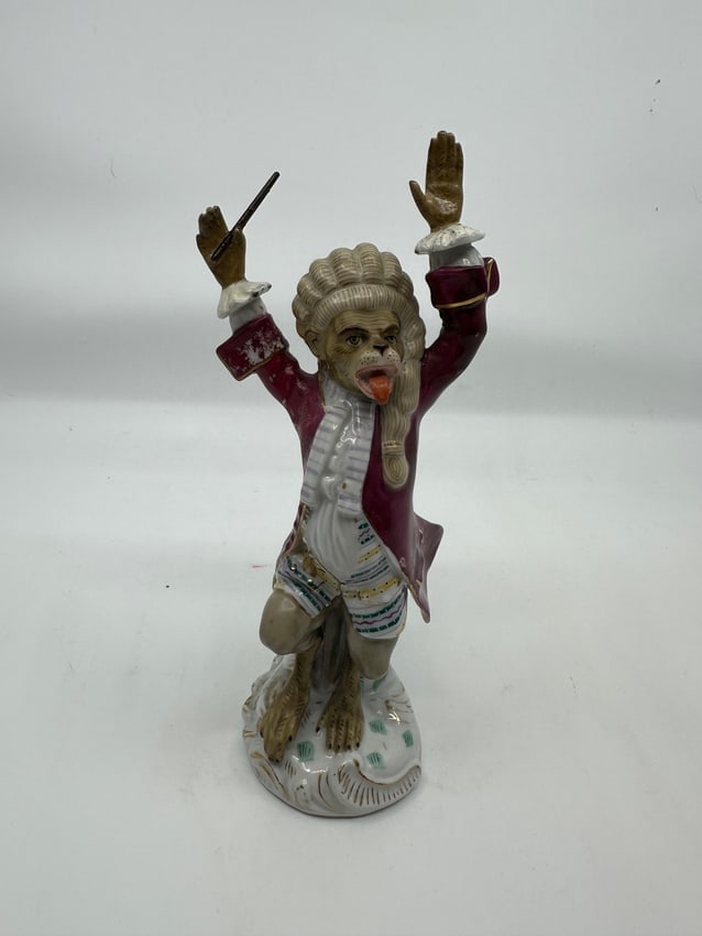 Meissen Style Monkey Band Musician German Porcelain Figure: German porcelain 'Monkey Band' figures in the style of Meissen, , with spurious marks, 5"h x 2"w.
