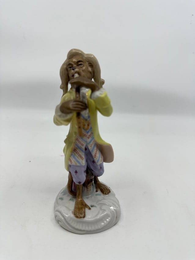 Meissen Style Monkey Band Musician German Porcelain Figure: German porcelain 'Monkey Band' figures in the style of Meissen, , with spurious marks, 5"h x 2"w.