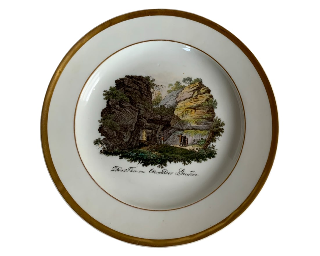 Antique Meissen Porcelain topographical plate: ANTIQUE MEISSEN TOPOGRAHICAL PLATELate 19th century, blue crossed swords marks, various impressed numeralsFinely painted rural landscapes within a gilt surround, Tilted Das Thor m Ottowalder Grunde9?i