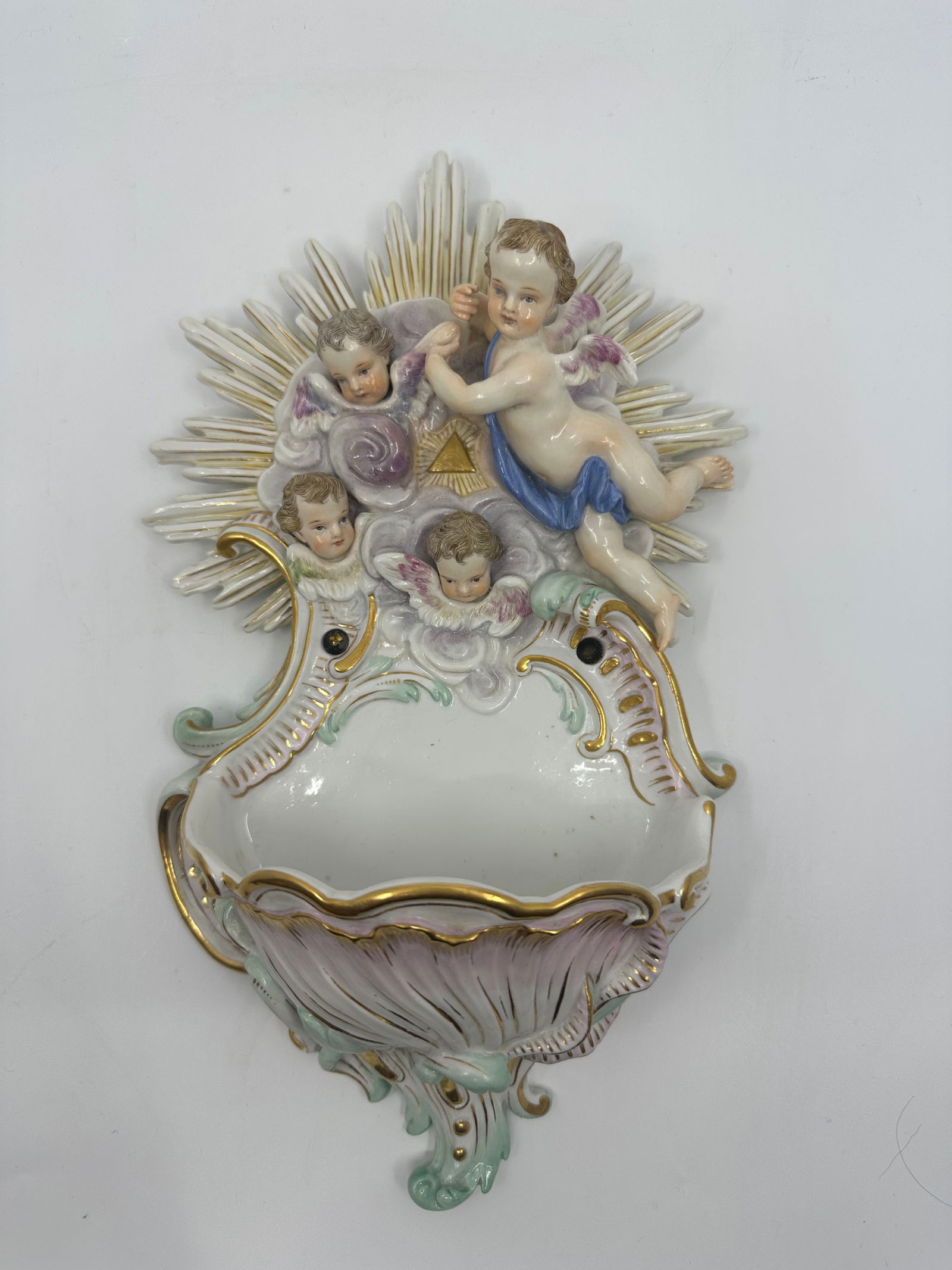 Antique Rare Meissen Holy water font with cherubs: 19TH CENTURY, BLUE CROSSED SWORDS MARKS, INCISED 2745., IMPRESSED 117 12 in. high Condition: Excellent, No Chips and Cracks