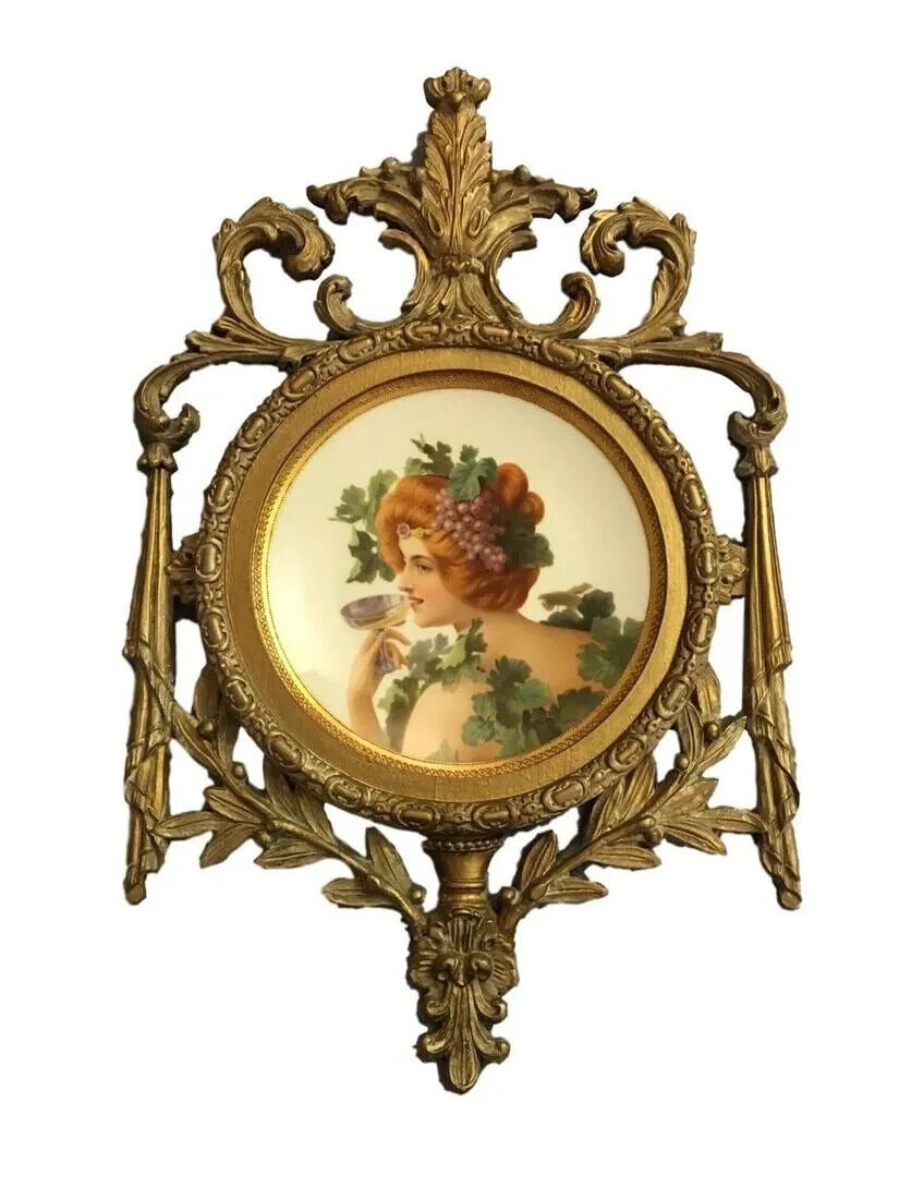 Antique Royal Vienna Porcelain Hand Painted Plate Signed Dresden: ROYAL VIENNA HAND PAINTED PLATE 19TH CENTURY, Underglazed BLUE DRESDEN MARK,Finely Hand-painted portrait, signed "Wrigel" at the lower right, within a gilt border Diameter: 9 3/4" diameterFramed: 23"