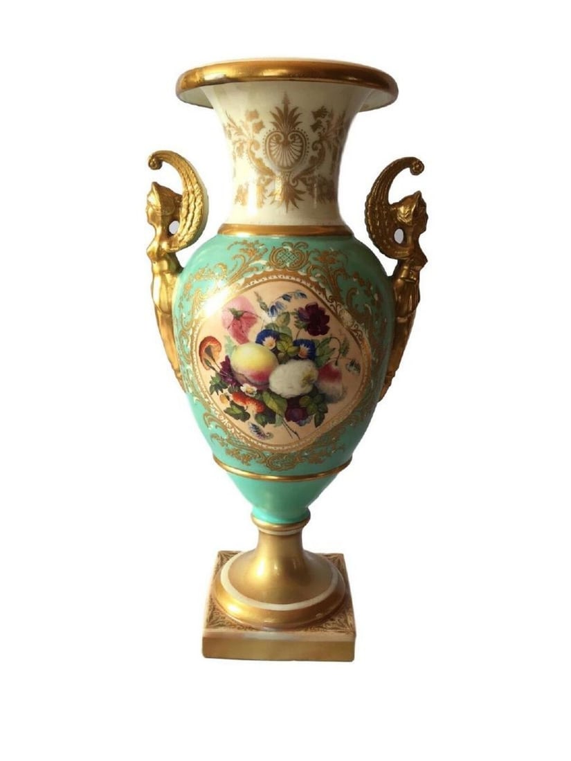 Antique Chelsea turquoise-ground baluster vase: Antique Chelsea turquoise-ground baluster vases Early 19th Century gilt moulded handles, painted with vignettes of exotic birds and flowers to reverse within quatrefoil cartouches gilt Height: 13 1/2"