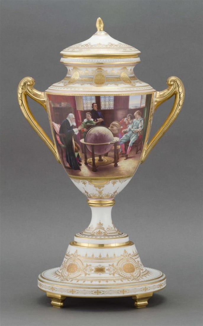 Antique ROYAL VIENNA PORCELAIN COVERED URN: ROYAL VIENNA PORCELAIN COVERED URN Late 19th/Early 20th Century Extensive gilt decoration on white porcelain. Hand-painted front panel depicts "Milton's Besuch Bei Galilei" (Milton's Visit with Galile