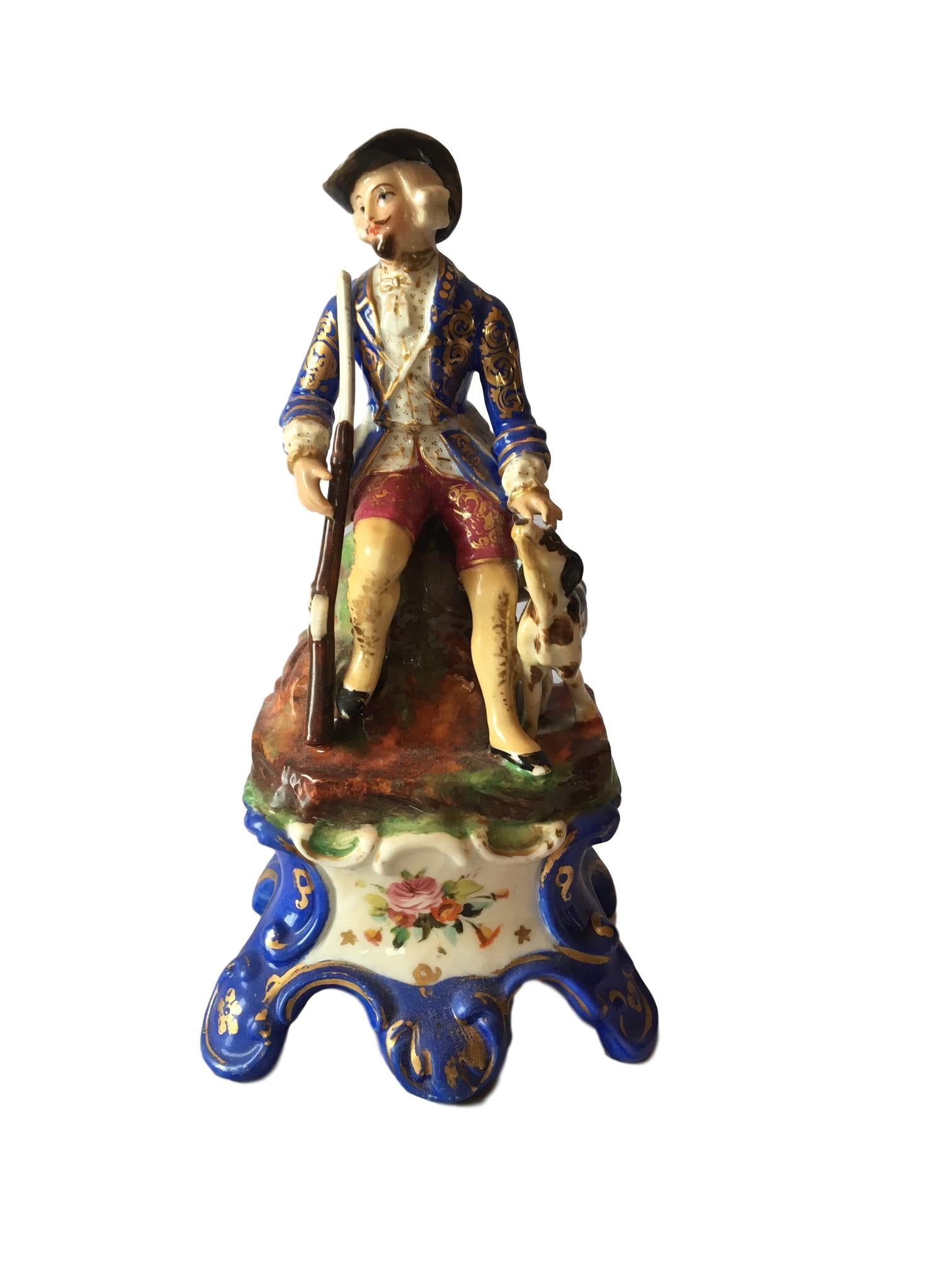 ANTIQUE Paris Porcelain Hand-Painted Figural Encrier: Paris Porcelain Hand-Painted Figural Encrier, mid-19th century, French, on a pierced scrolled base with a hand-painted panel of flowers on a bleu-du-roi ground, the figure of a hunter seated on a log,