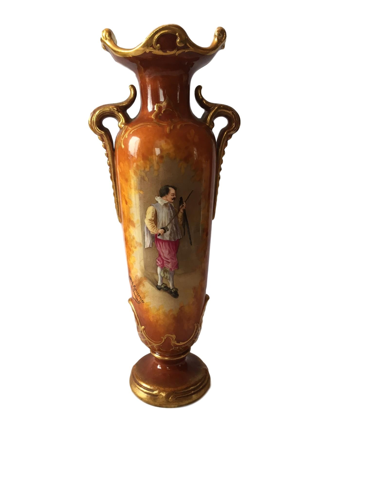 Royal Bonn Hand Painted Porcelain Handled Vase: Royal Bonn Hand Painted Porcelain Handled Vase, Signed , depicting cavalier. Measures - 12" high