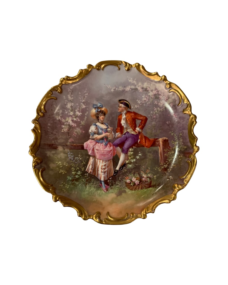 Large Antique Sevres Porcelain Hand Painted Charger Signed: Antique Sevres Porcelain ChargerFinely painted courting scene, signed Gayou, gilt borderLate 19th Century, interlaced L'S Mark and Incised NumbersDiameter: 16 1/2" Condition Report: Excellent.