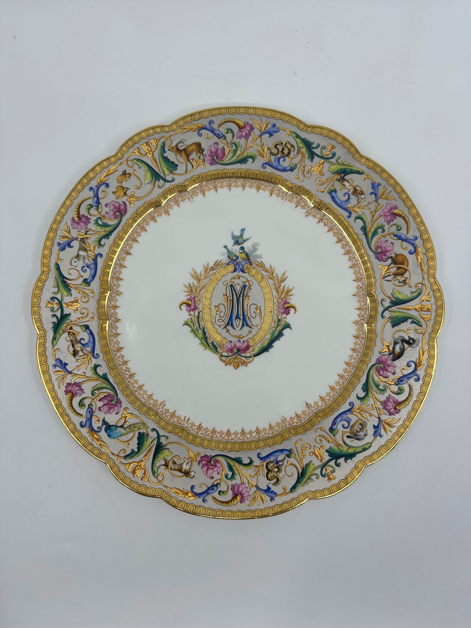 GORGEOUS Sevres 1877 MUSEUM QUALITY Animal Birds Border "M" Monogram Plate (1 of 5)