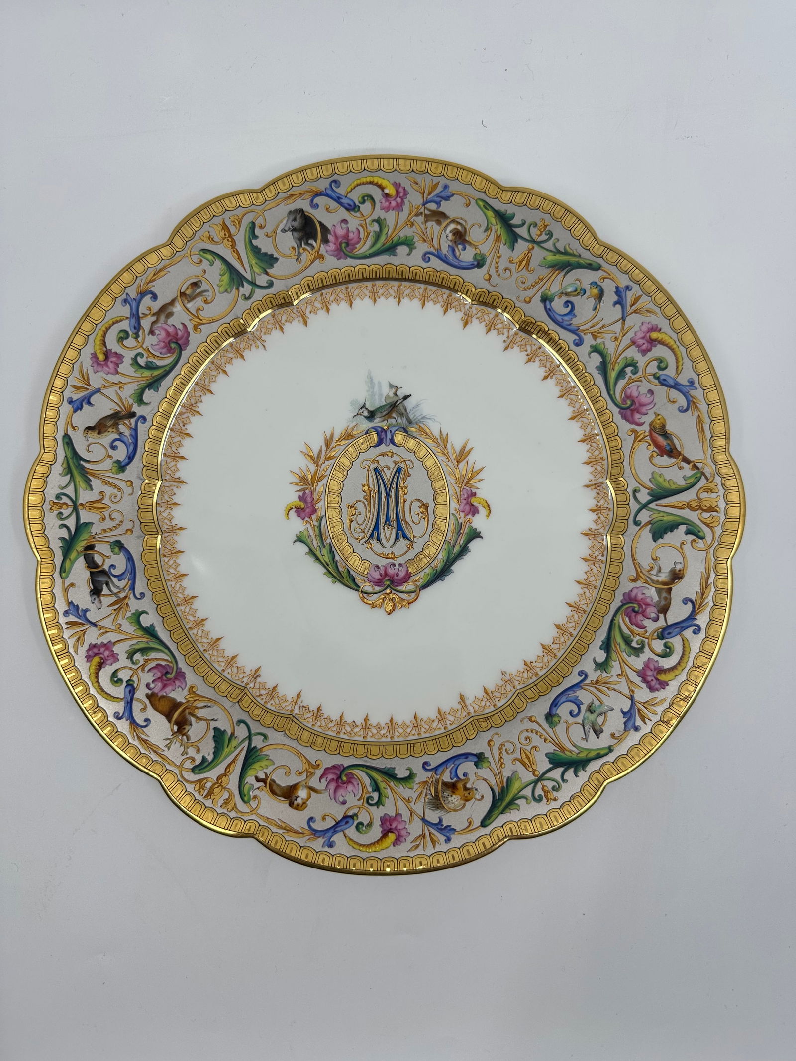 GORGEOUS Sevres 1877 MUSEUM QUALITY Animal Birds Border "M" Monogram Plate (1 of 5)
