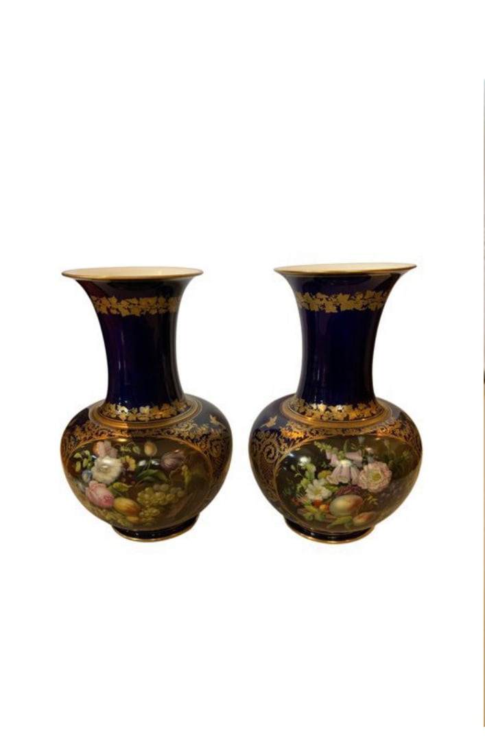 Old paris pair of darte vases: A Pair of Paris Porcelain Handpainted Floor Vases Bearing L. Rihouet labels, 19th centuryEach bearing labels to underside: 'L. RIHOUET,/Fabt. de Porcelaines/et Cristeaux, Fouruisseuo du Roi./Rue de la