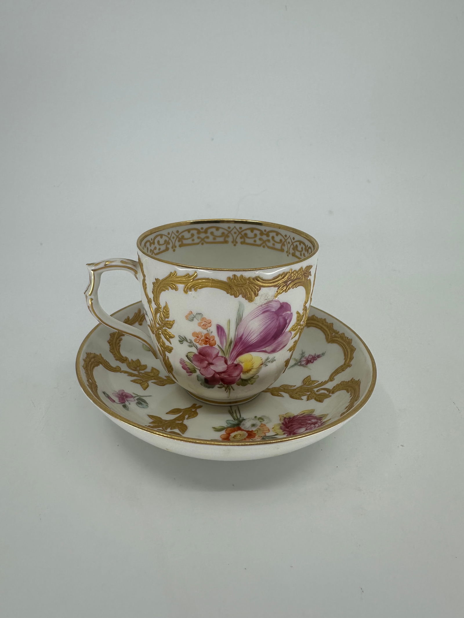 Antique Gold Enameled KPM Cup & Saucer: KPM cup measures 2.25" tall x two 3/8" diameter at the top. Saucer measures 4.5" diameter. No chips cracks or repairs