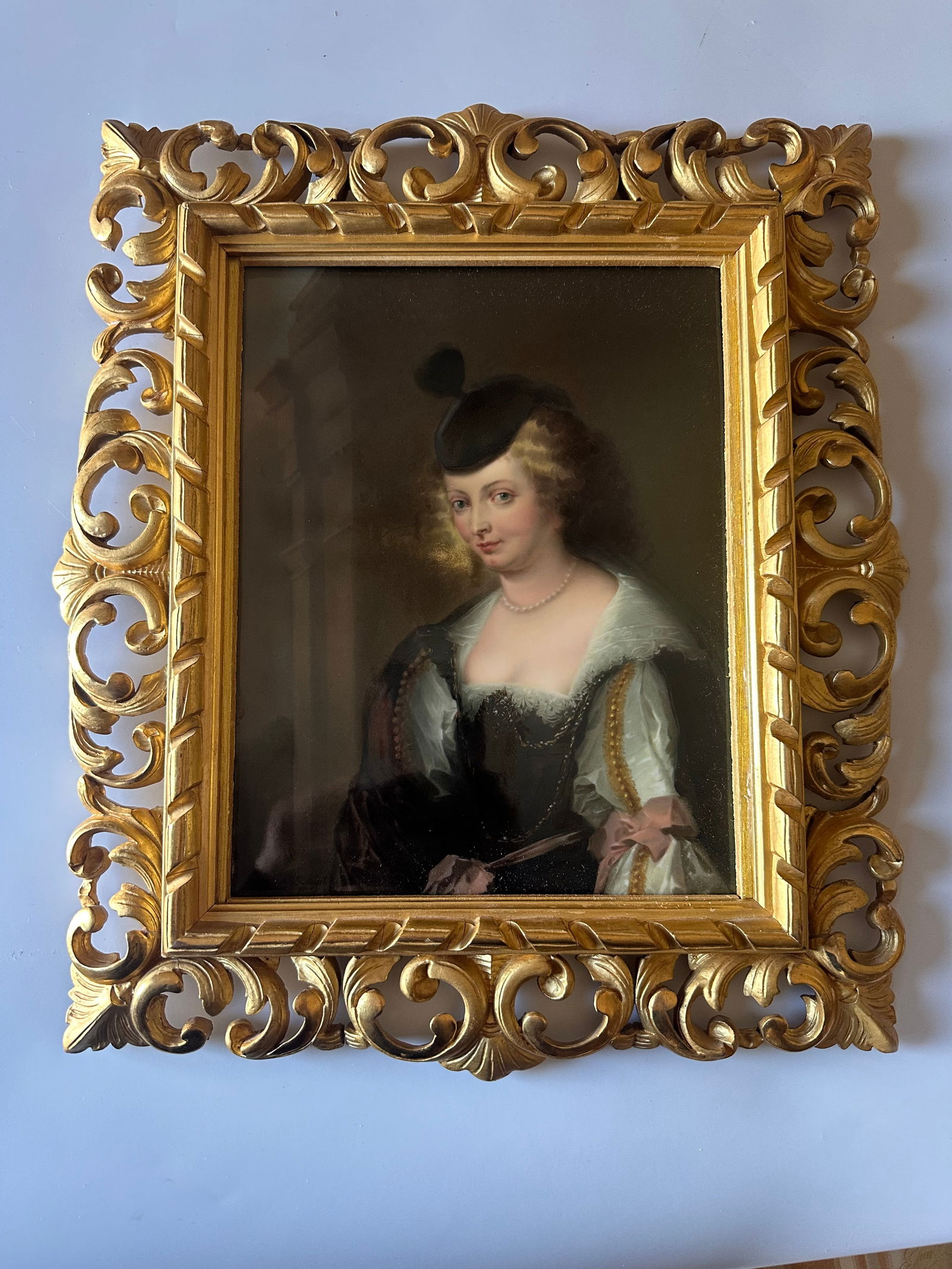 BEAUTIFUL ANTIQUE KPM PORCELAIN PORTRAIT PLAQUE AFTER REUBENS: A Berlin (K.P.M.) Porcelain Plaque in a Giltwood Frame19th Centurydepicting a partial portrait of Helena Fourment with a Carriage by Peter Paul Reubens; inscribed illegibly to lower left, bearing impr