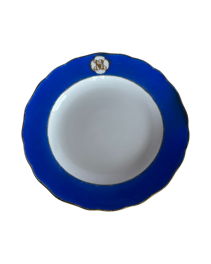 Antique Meissen Blue Plate Monogram: Meissen service plate with blue border and monogram 10" D