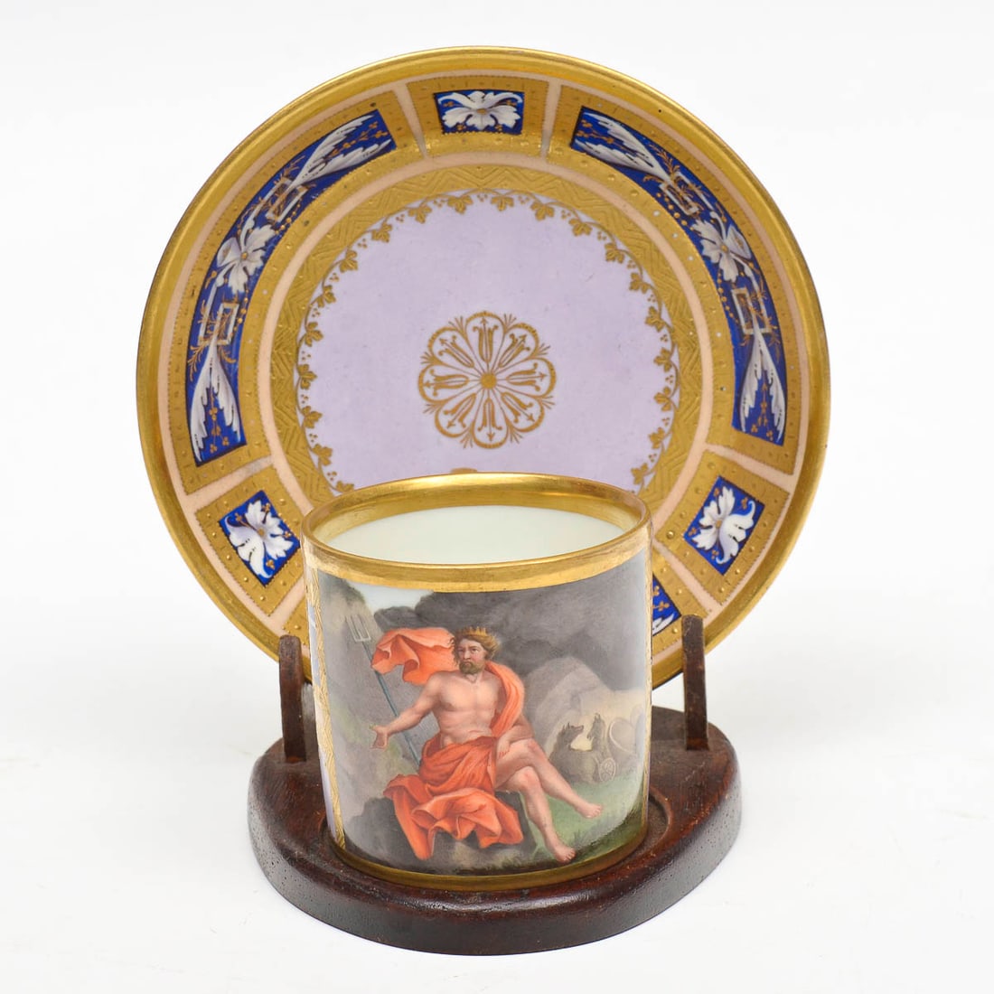 Antique Vienna cup and saucer depicting mythological scene: AUSTRIA (19TH CENTURY). Collectible cup and saucer in Austrian porcelain, known as "Old Vienna", 19th century. XIX, enamelled in reserve with "mythological figure and wolves in the field". White back