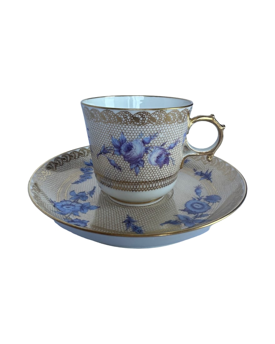 Antique Sevres Napoleon cup decorated by Eugene Richard: A very elegant and beautiful Sevres cup and saucer from the mid 19th century, period of Emperor Napoleon III. Beautifully painted with colourful bouquets of roses on a gold vermicul ground. Sevres, ma