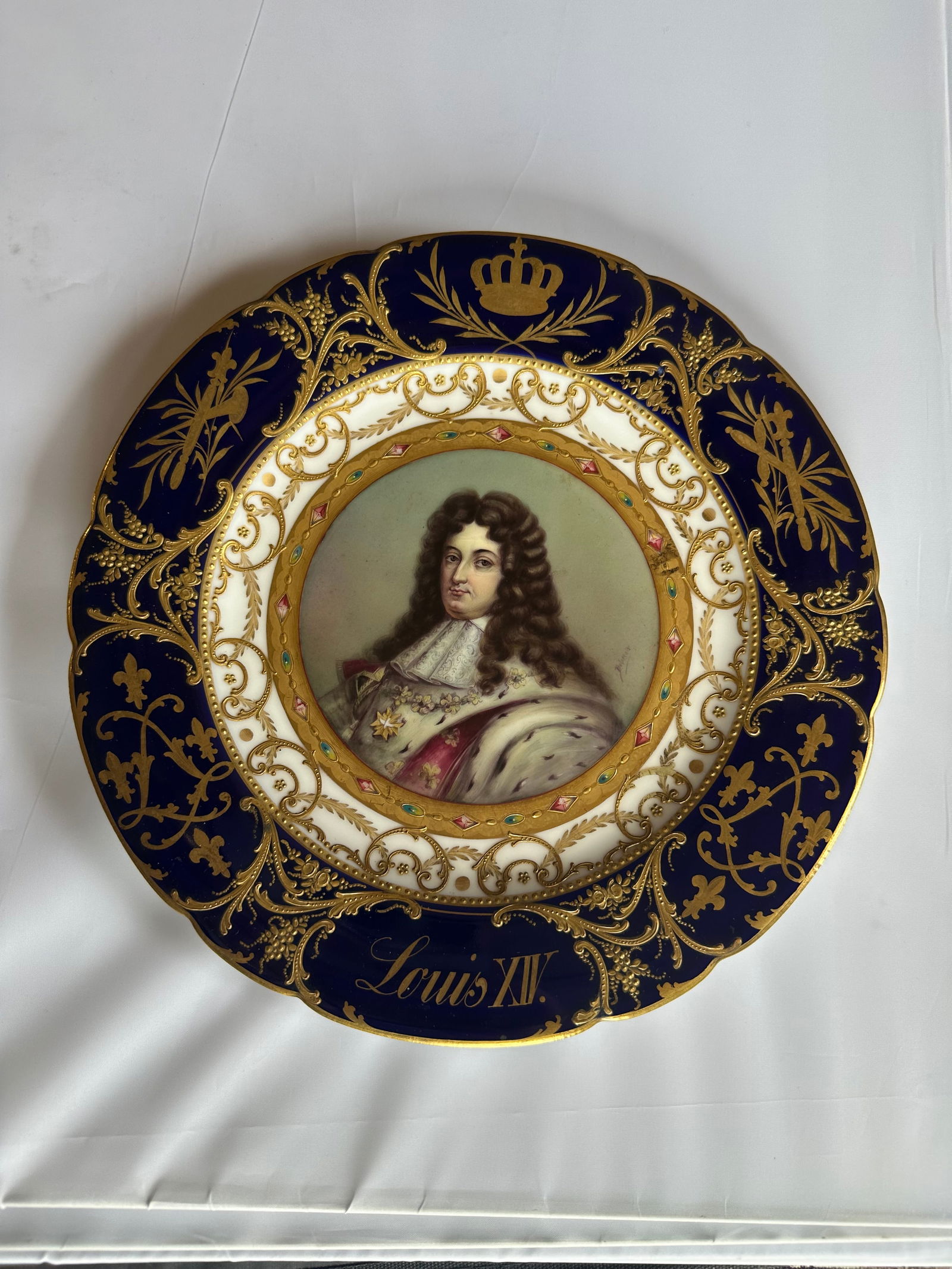 Antique Sevres plate of King Louis XIV: Plate Marked Sevres, 9.5", Portrait Of King Louis XIV, Cobalt Blue Border, Extensive Gold Highlight