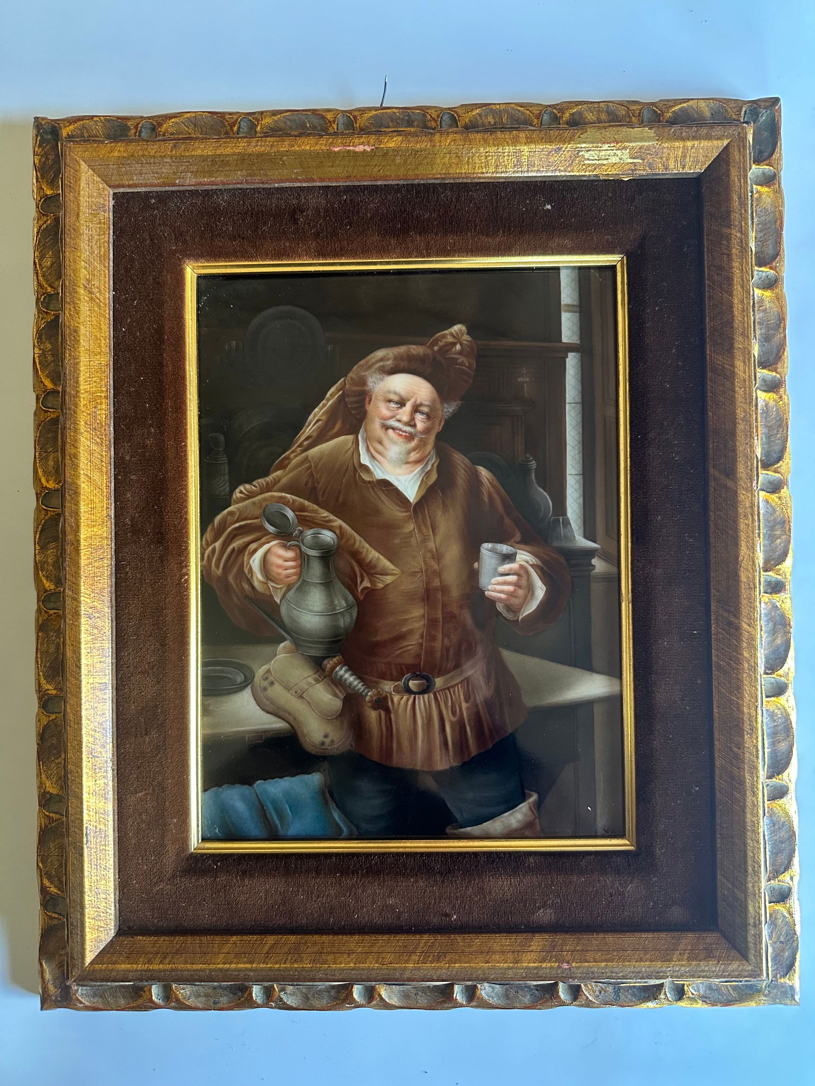 Antique KPM Hand Painted Porcelain Plaque of Portrait Of Falstaff: Antique KPM Hand Painted Porcelain Plaque of Portrait Of Falstaff After Eduard Von Grutzner Signed Kies10 1/4" x 7 1/2" Plaque Framed 15” x 10”