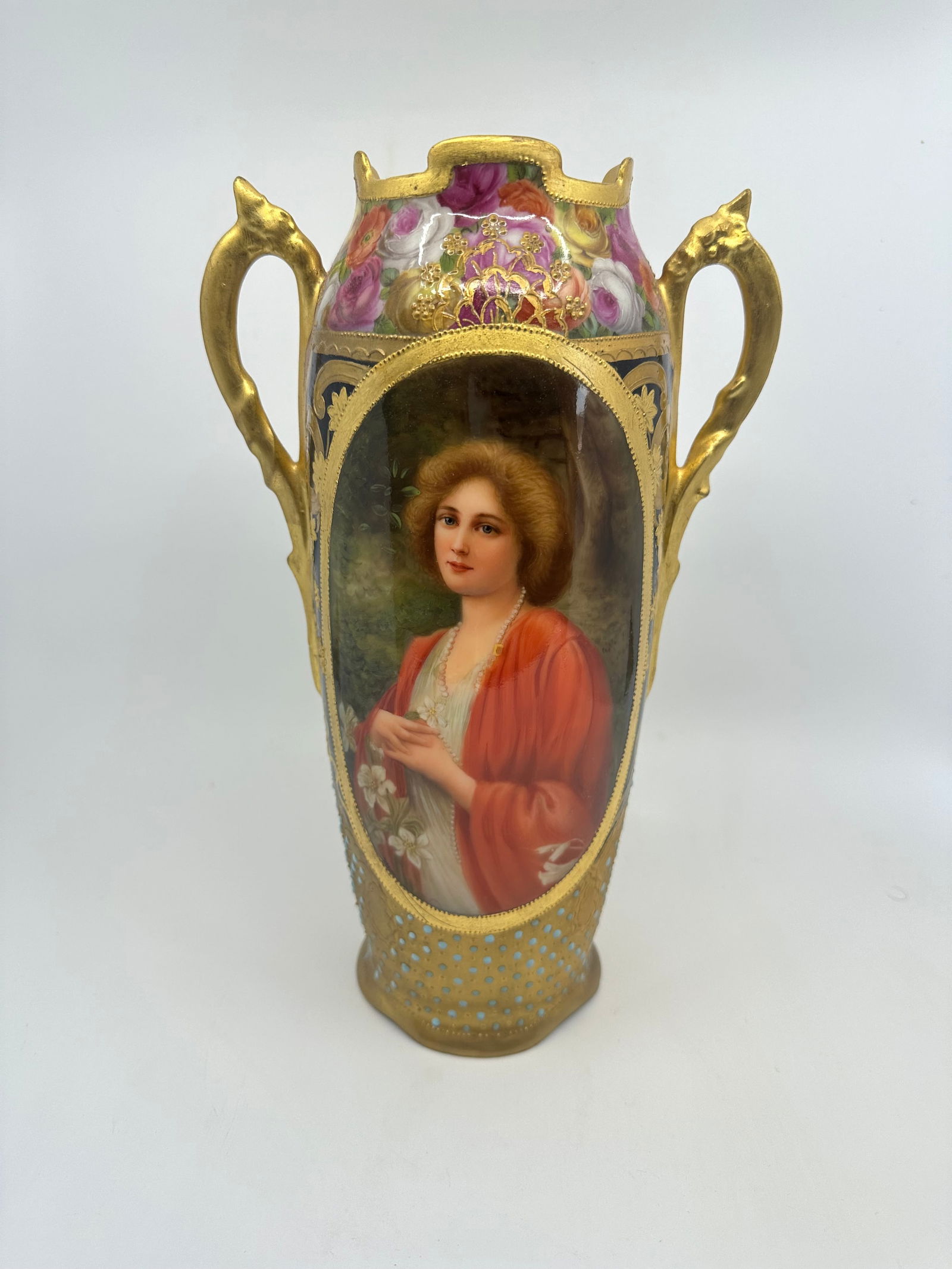 Antique Royal Vienna Portrait Vase Signed Wagner: A PORCELAIN KPM VASE , PAINTED BY WAGNER GERMAN-AUSTRIAN 19TH CENTURY, VIENNA, CIRCA 1880 of ovoid form, with a portrait of a beauty titled Lilien, all against a jeweled and flowered background, maroo