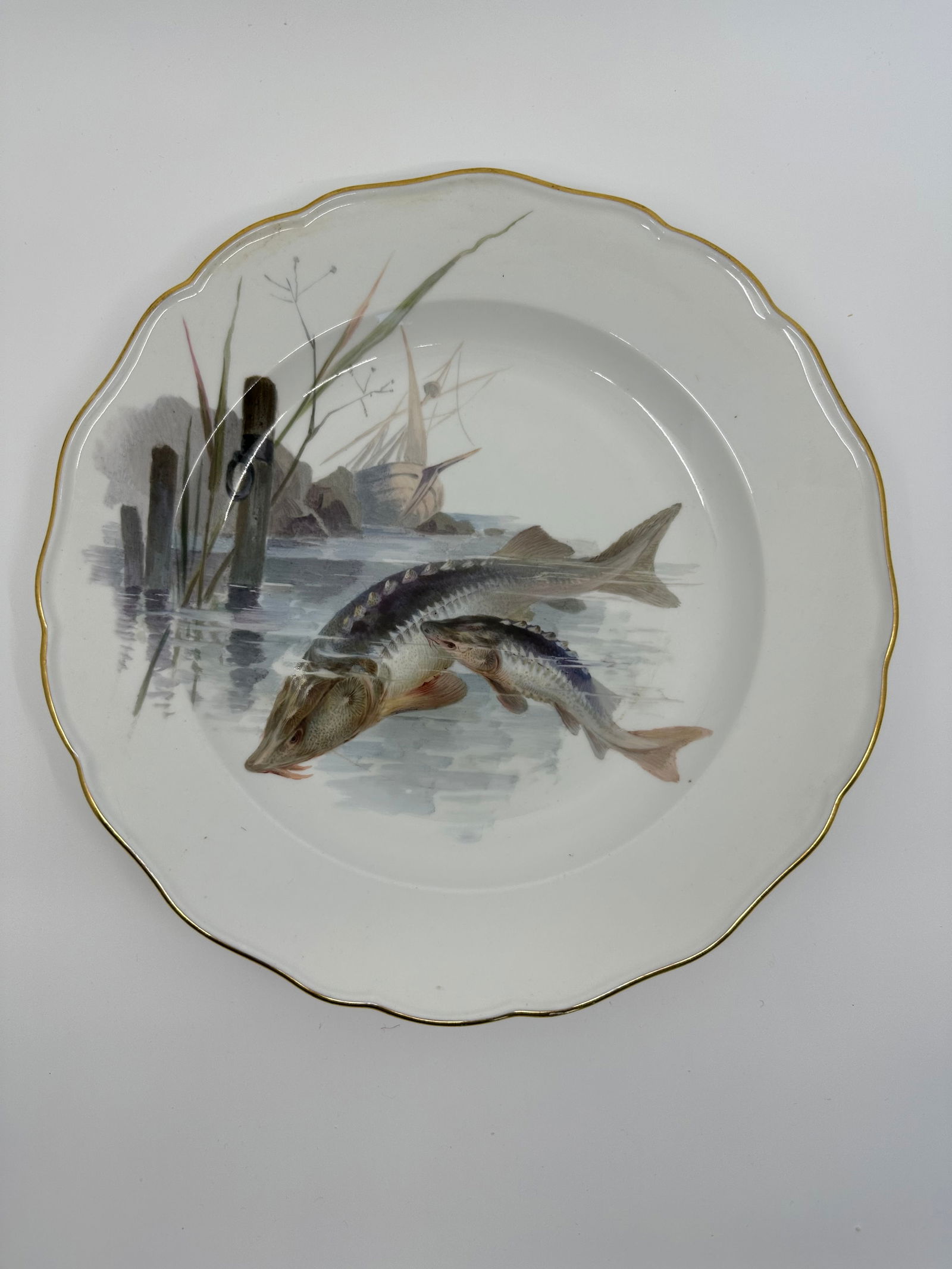 Antique Meissen porcelain fish plate: Each plate is individually decorated with a different type of fish swimming with varied items in the background including, ships, fishing boats, barrels, dock fragments, baskets, and landscape. All pi