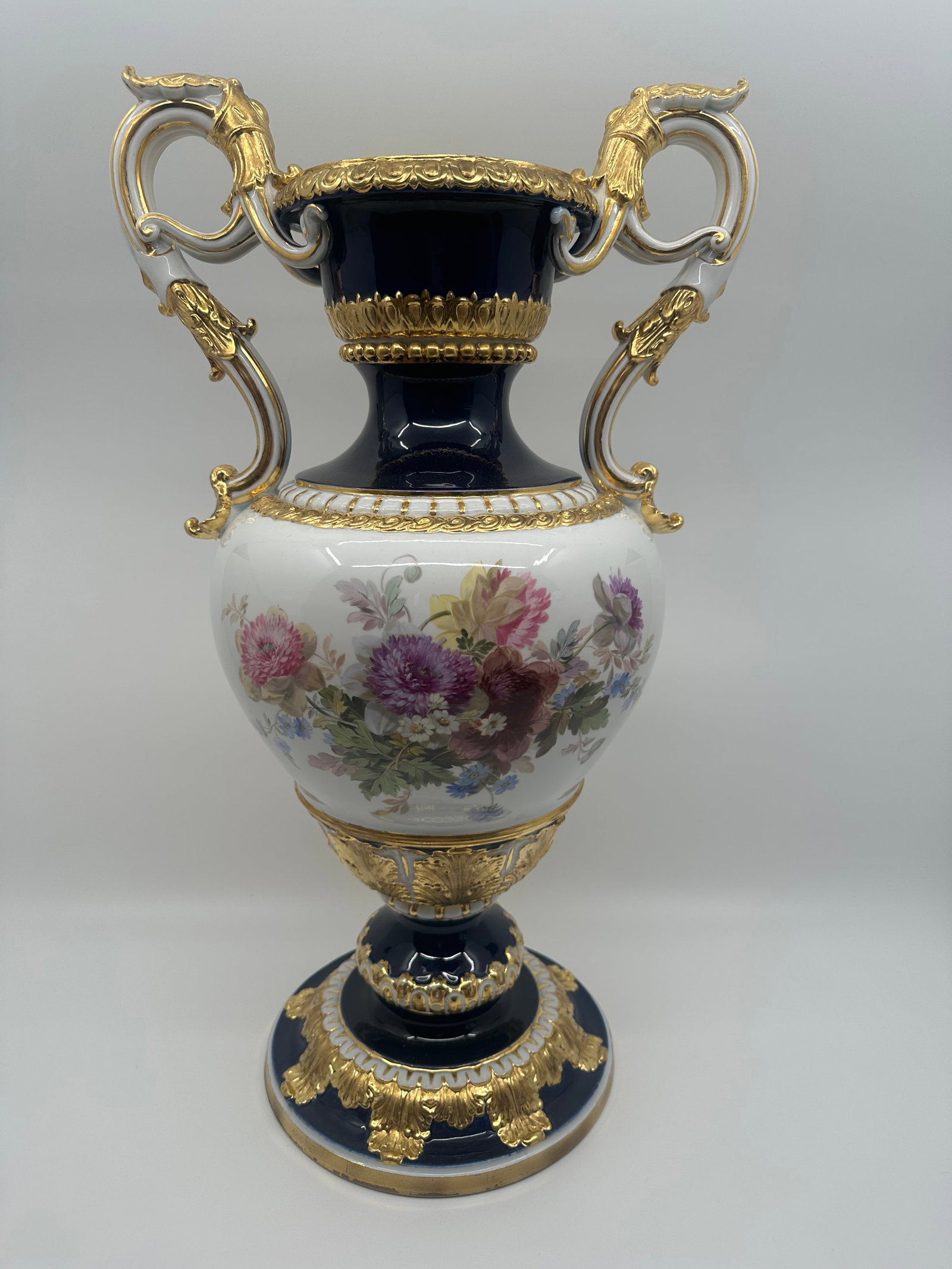 Rare Antique Meissen Leuteritz Cobalt Vase With Flower Decor - 7