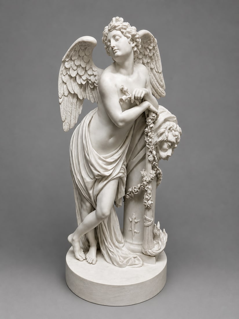 A rare Meissen allegorical porcelain figure “Sleep"; modeled by Christian Gottfried Juchtzer.: Also titled “The Bliss of Sleep.” Raised circular base. A winged youth stands with legs crossed, leaning against a fragment of a column draped with a lion skin and cloth. His head is gently tu