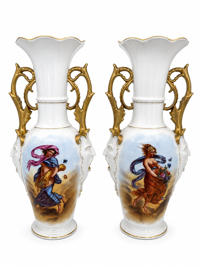 Antique Old Paris Pair of Porcelain Hand Painted Vases of Seasons (1 of 5)
