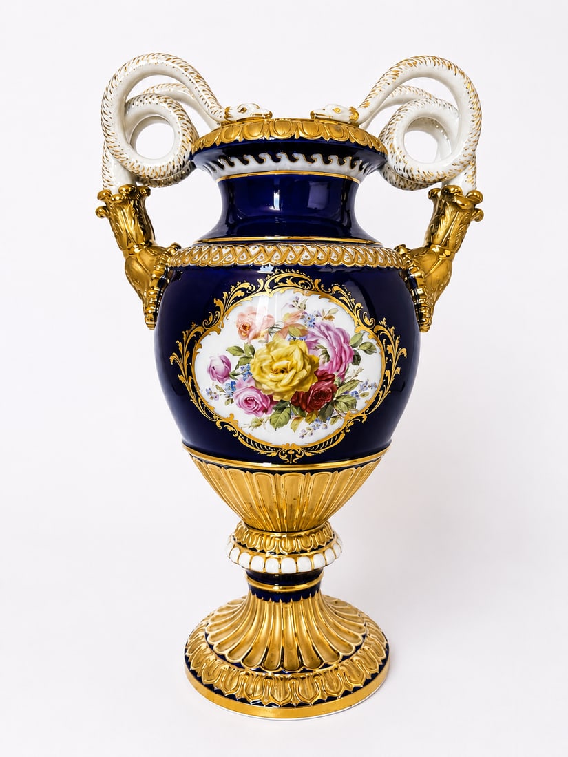 Meissen gilt and cobalt snake handled urn vase (1 of 8)