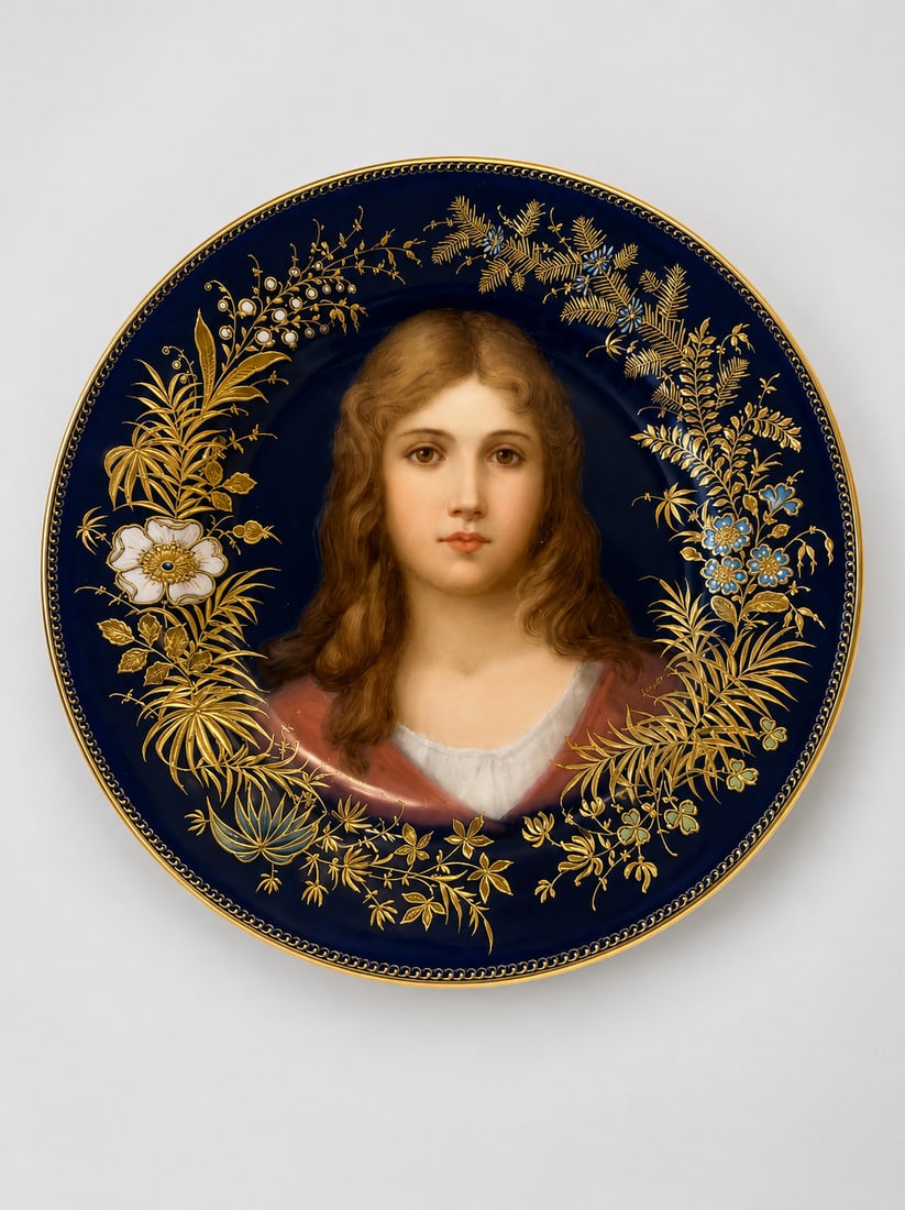 Stunning Antique Royal Vienna Porcelain Hand Painted Plate Singed Gorner: ANTIQUE ROYAL VIENNA HAND PAINTED PLATE Late 19TH CENTURY, UNDERGLAZE BLUE BEEHIVE MARK, Titled "La Pensierosa",Skillfully Hand Painted portrait, within raised gilded border Signed Gorner Diameter: 9 