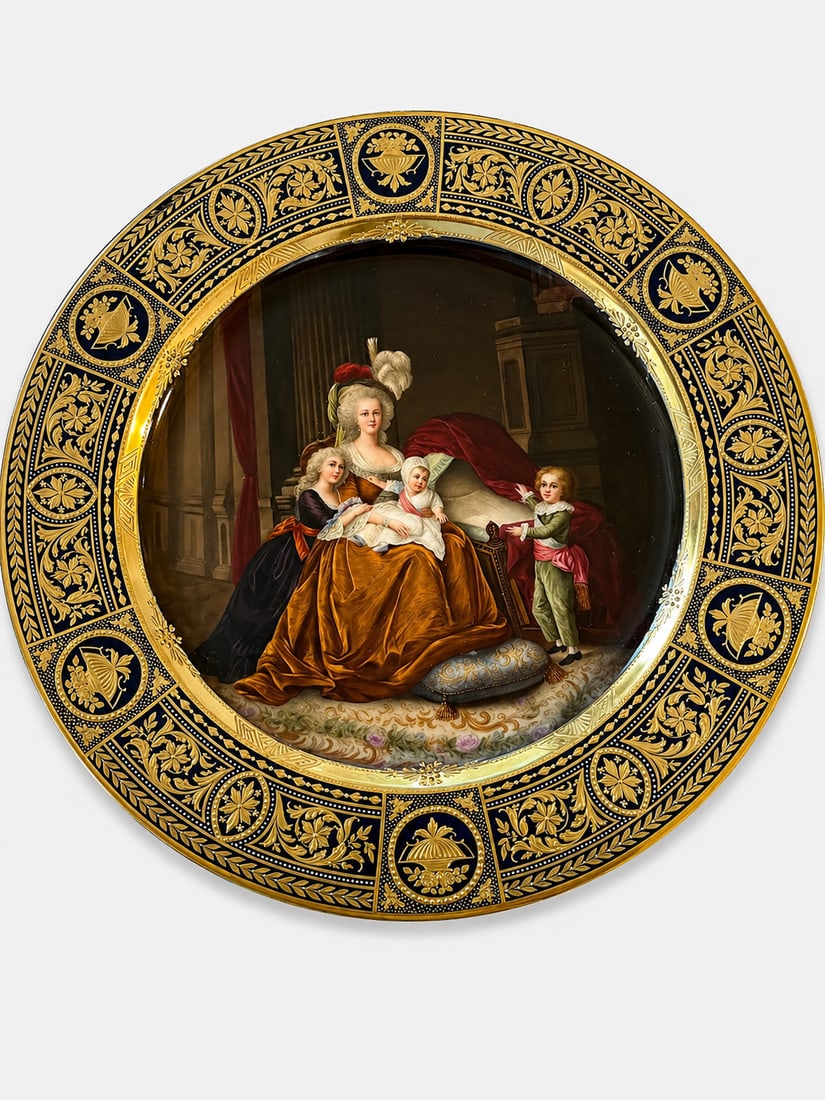 Rare Antique Royal Vienna Porcelain Charger: Antique Large Size Royal Vienna Portrait Plate, entitled 'Antoinette et Famille', with gold border, center painting of Marie Antoinette with children. 12-1/2" diameter, with blue beehive mark, "Antoin